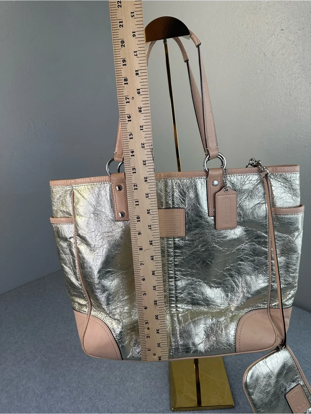 Coach Metro Tote Bag Crinkled Metallic Textured Purse & Matching Wristlet